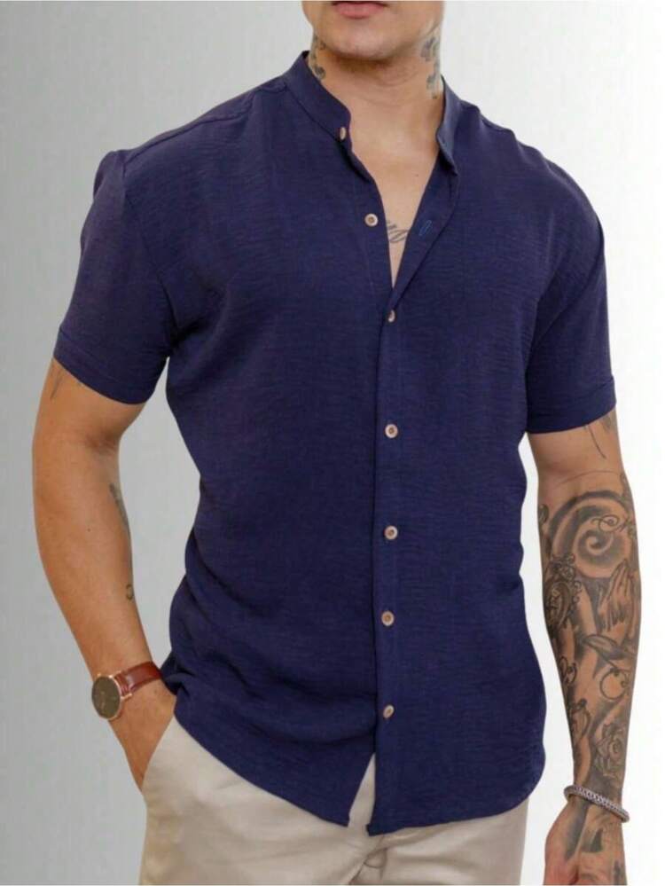 Set Of 2 Men's Short-Sleeve Mandarin Collar Shirts - Elegant And Sophisticated - Versatile - Summer/Spring/End-Of-Year  - Special Offer - xanh lá cây và xanh nước biển - Xem 3