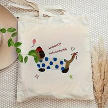 Brandxyja Cute Lucky Dachshund Pattern Tote Bag - Large Capacity Black And White Canvas Shoulder Bag With Dachshund Puppy, Balloon And Bone Patterns, Reusable Gift For Dog Lovers And Dachshund Owners (15.7x 13.7inch ), Canvas Tote Bag, Reusable Shopping Bag, Shopping Bag, Women's Handbag, Shopping Bag - trắng - Xem 6