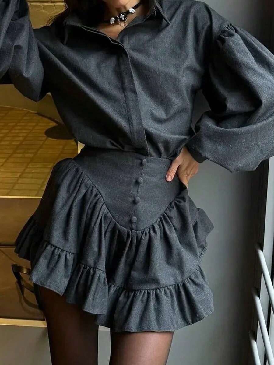 女士落肩长袖纽扣衬衫搭配荷叶边纯色半身裙优雅两件套 春季