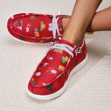 Cartoon Christmas Tree, Gift, Lollipop, Snowman, Santa Claus Printed Round Toe Fashionable Casual Lightweight Sneakers For Women - Red - View 3