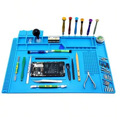 1 pieza Estera de silicona para soldar, resistente al calor hasta 500°C, con área magnética, estera de banco de trabajo grande para reparación electrónica de teléfonos inteligentes, computadoras portátiles - Organizador de escritorio antideslizante y antiestático (45 X 30 cm) (Disponible en rojo, gris, azul, naranja)