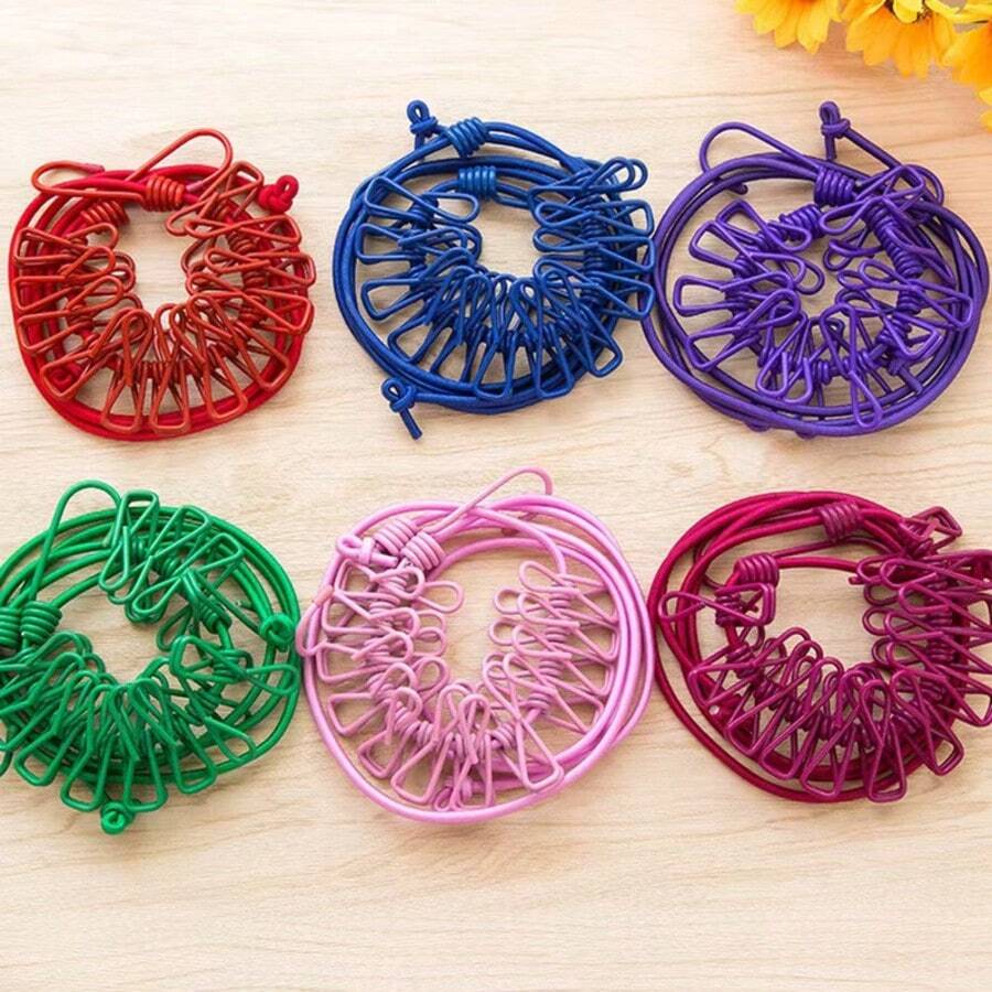 1pc Colorful Clips Portable Clothesline, Multi-Functional Clothespins With 12 Hangers, Vibrant Colors, Clips For Photos, Clothes, Bags, Elastic Rope Hanger, Retractable, Lightweight, Compact, Suitable For Beach, Outdoor Camping, Travel, Dorm, Home, Hotel - Multicolor - View 1