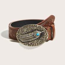 1 pieza Cinturón de mujer de estilo occidental con patrón de dragón en relieve de piel de PU, con incrustaciones de turquesa y ágata, de estilo bohemio, adecuado para vaqueros, Halloween, primavera, verano, otoño, invierno