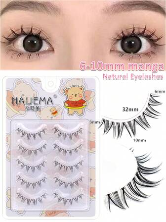 6-10毫米 & 5对 漫画风格假睫毛，自然分叉鱼尾造型，泡沫材质，易于使用，柔软轻盈设计，可重复使用，安装简便，漫画风格假睫毛，日系自然纤长睫毛嫁接，亚洲韩系角色扮演动漫眼妆工具