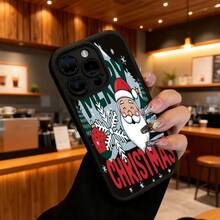 Cubierta de teléfono con diseño de Navidad negra con estampado de Papá Noel copo de nieve y texto Merry Christmas para uso diario en temporada festivaCompatible with  16 Pro Max/16 Plus/16 Pro/16/15 Pro Max/15 Plus/15 Pro/15/14 Pro Max/14 Plus/14 Pro/14/13 Pro Max/13 Pro/13/12 Pro Max/12 Pro/12/11 Pro Max/11 Pro/11/XS Max/XR/X/7 Plus/7 TPU Drop-Proof and Stain-Resistant Protective Soft Case - Negro - Ver 6