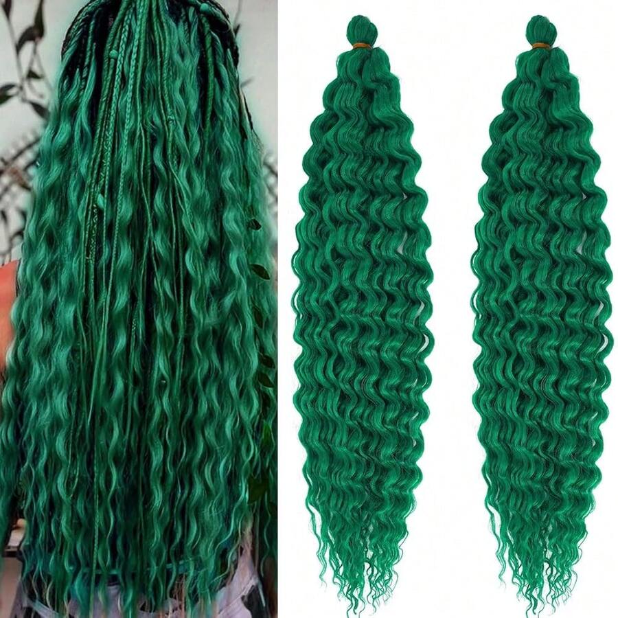 Water Deep Wave Wavy Braiding Hair Green Curly Ocean Wave Crochet Hair 24 Inch 2 Packs Green Boho Hair For Braiding Soft Curls For Boho Braids Extensions,GreenBohoHair - GreenBohoHair - 查看 1