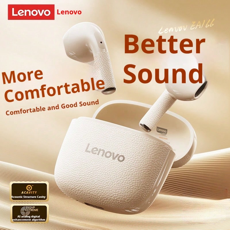 Lenovo EA166 Bluetooth Wireless Earphones: Wireless Semi-In-Ear, High-Quality Sound, Ultra-Long Battery Life, Compact Design - Sakura White - View 1