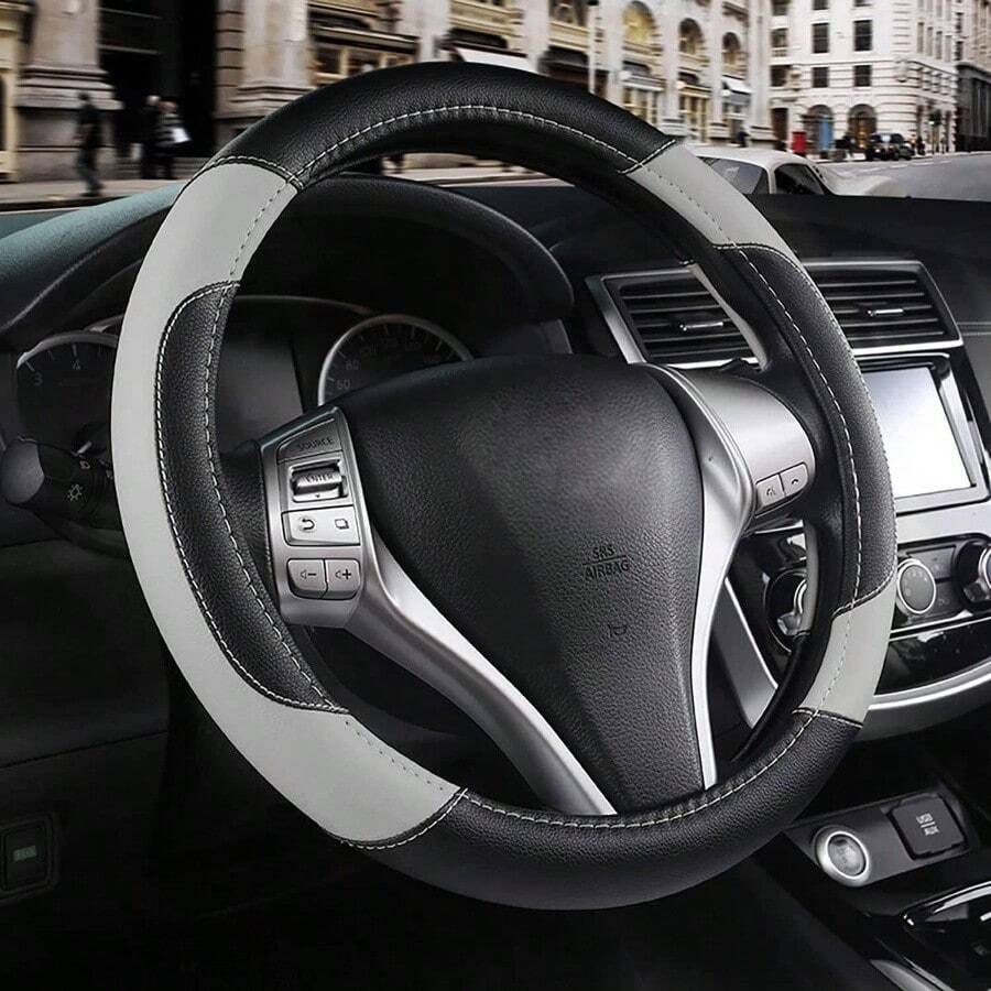 Leather Car Steering Wheel Cover, Non - Slip Car Wheel Cover Protector Breathable Microfiber Leather Universal Fit Most Beige - Grey - View 1