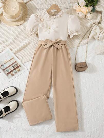 2 piezas Conjunto de top de manga corta y pantalones rectos con estampado floral 3D y cinturón para niñas