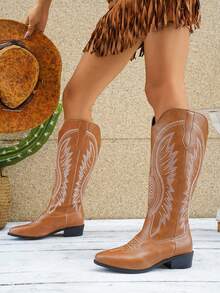 Women's Pointed Toe Chunky Heel Embroidered Western Cowboy Boots Knee High Boots, Autumn/Winter Suede Flat Riding Boots - Brown - View 3