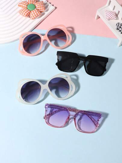 一套4副男女童眼镜，适合9-14岁，镂空蝴蝶/方形镜框时尚眼镜，有色镜片，Y2K风格，适合日常佩戴和户外活动