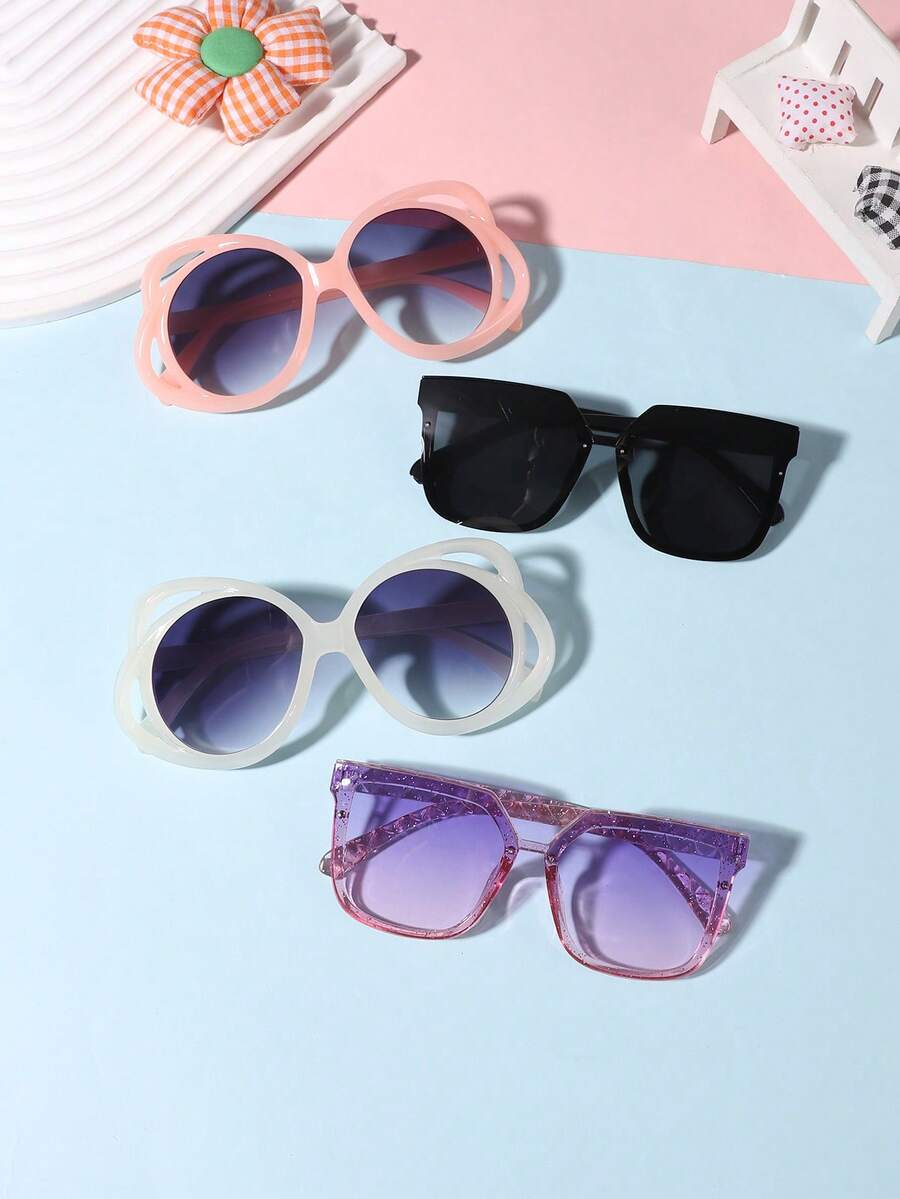 一套4副男女童眼镜，适合9-14岁，镂空蝴蝶/方形镜框时尚眼镜，有色镜片，Y2K风格，适合日常佩戴和户外活动 - 彩色 - 查看 1