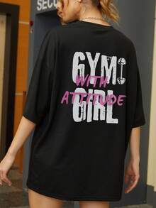 女士“Gym With Attitude”图案T恤 - 黑色休闲针织T恤，饰以粉色和白色字母印花，短袖，圆领，涤纶材质，四季皆宜，休闲穿着 | 趣味印花 | 针织结构，夏季健身服 - 黑色 - 查看 1