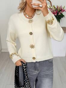 Live To Mo Winter For Women Christmas Beige Knit Cardigan Sweater - Fashionable Casual Style With Gold Buttons, Thanksgiving For Women Going Out Tops