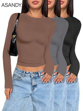 3pcs/Set Plain Round Neck Simple Casual Long Sleeve Basic T-Shirts, Suitable For Autumn/Winter