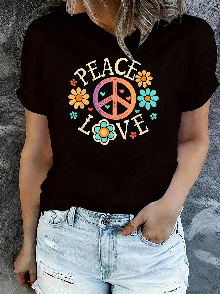 Retro 60s 70s Groovy Hippie Flowers Peace Sign Peace Love 1 Pcs Women's Plus Size T-Shirt Funny Oversized Graphic Short Sleeve Tee Novelty 100% Polyester Versatile Shirt Casual Crew Neck Top 220g - 黑色 - 查看 1