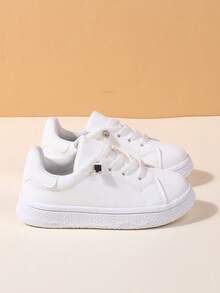 1 双舒适新款儿童一键系带运动鞋，时尚、耐用、轻便、百搭白色休闲跑鞋 - 白色 - 查看 4