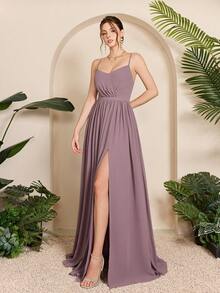 Đầm maxi chiffon xếp ly xẻ cao màu trơn, kiểu dáng hở lưng dây mảnh mới của Mgiacy-Pop, thích hợp cho các dịp mùa hè. - Bụi hồng - Xem 4