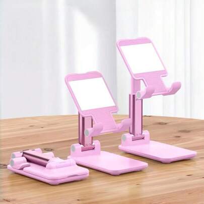 1 pieza Soporte plegable ajustable para teléfono en color rosa, con espejo de maquillaje, soporte de escritorio de plástico para tableta, base portátil, decoración de oficina y hogar, regalo para el Día de San Valentín, Año Nuevo, soporte para teléfono celular, soporte para teléfono móvil, soporte para teléfono, accesorios de escritorio, accesorios para Kindle, soporte para libro electrónico, soporte universal, herramienta para transmisión en vivo