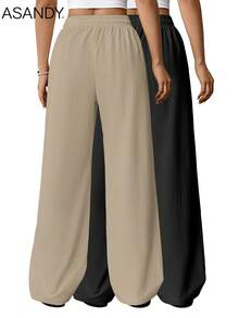 2pcs/Set Casual Loose Straight Leg Pants, Drawstring Waist Wide Leg Trousers, Solid Color Summer - Khaki+Black - View 2