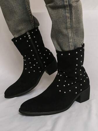 Botas de ante negro con decoración de remaches, diseño con cremallera lateral adecuado para estilo callejero, eventos de moda y atuendos personalizados, botas Chelsea unisex