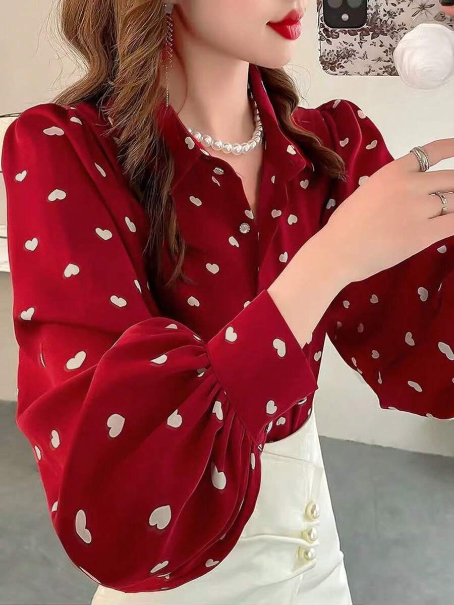 女士红色爱心图案领长袖珍珠装饰纽扣衬衫，适合日常穿着，春夏款 - 紅色 - 查看 1