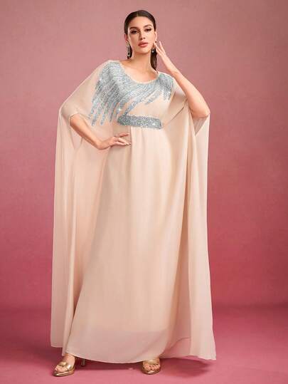 女士纯色亮片装饰系带圆领优雅长款阿拉伯长袍