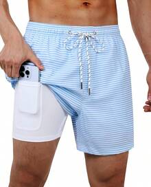 Swim Trunks Mens 5 Inch Inseam Compression Liner Short Men Bathing Suit Lined Swimming Shorts Men's Swim Suits - 條紋藍 - 查看 11