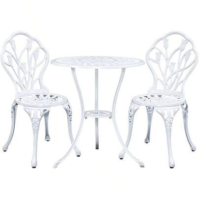 3Pc Outdoor Setting Bistro Set Chairs Table Cast Aluminum Tulip White