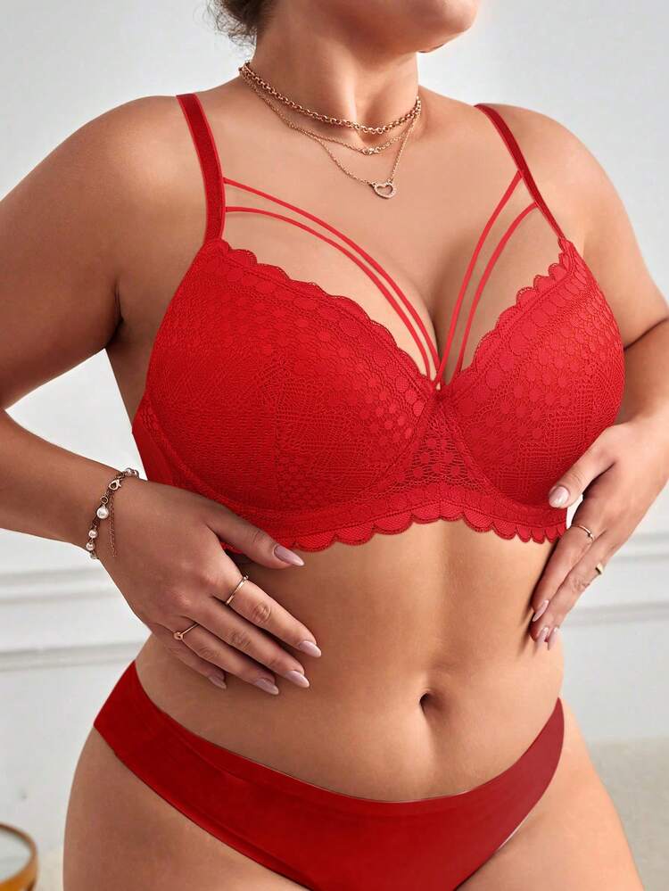 MIMILEMON Plus Size Red Lace Padded Underwire Bra - Red - View 4