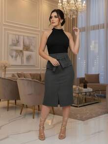 Evangelical Midi A-Line Skirt With High Waist In Bengaline Fabric, Belt, Side Pockets, Front Slit, Christian Executive Fashion - 灰色 - 查看 2