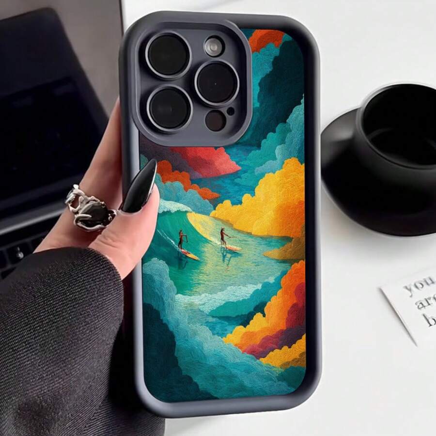 Cubierta de teléfono con diseño artístico colorido para iPhone 14 Pro Max en negro con impresión de paisaje acuático y personas en tabla de paddle surf ideal para uso diario y viajes - Burdeos - Ver 1