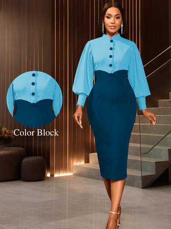 Vestido Elegante Feminino com Bloco de Cores, Mangas Bufantes Plissadas Longas e Botões, Vestido Vintage Chique de Escritório