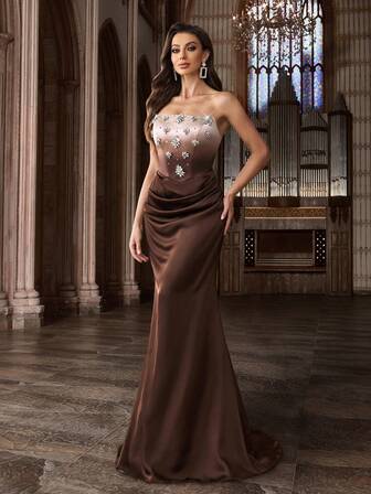 QOQ Snygg Dam Het Drill Formell Klänning Exklusiv Strass Diamantutsmyckning Aftonklänning För Välgörenhet Bal, Middag, Galor, Homecoming Gradient Färg Ärmlös Rygglös Smal Maxi Lång Klänningar