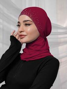 1pc Women's Instant Headscarf, Convenient Tie Headscarf, Solid Color Rhinestone Ramadan Headscarf, Suitable For Ramadan And Daily Wear - Rhinestone Long Neck Hat - View 20
