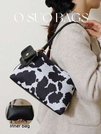 Set de 3 bolsos de hombro para mujer, bolso hobo, estampado de vaca/animal, moda, elegante, personalizado, versátil, clásico, incluye monedero, adecuado para salidas diarias, citas, compras, ir al trabajo