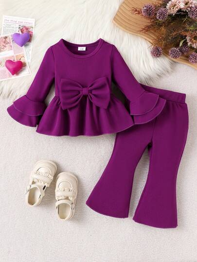 2pcs Baby Girls Elegant Cute Long Sleeve Top + Pants Set, Thin Solid Color Minimalist Style, Spring/Autumn