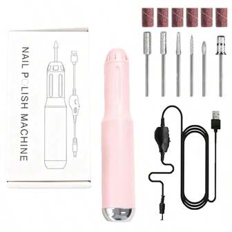 电动美甲打磨套装，专业美甲打磨机，粉白双色，15000转/分钟，便携式美甲锉抛光工具，配有6个钻头、6个砂圈和1袋砂圈，用于切割凝胶指甲油，美甲修脚套装，美甲用品，适合美甲师或初学者在美甲沙龙使用。