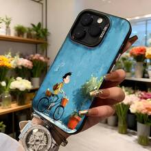 Cubierta de teléfono con diseño de dibujos animados azul con niño en bicicleta y macetas para uso diario Aplicable a los teléfonos de la serie Apple y Galaxy - Blanco - Ver 6