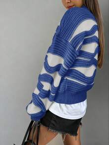 FOR BEAUTY 秋冬新款女士圆领波浪条纹撞色长袖针织衫，J Fashion 宽松舒适多巴胺色约会之夜灯笼袖套头针织休闲上衣，新年版 - 深藍 - 查看 5