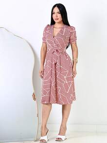 Women's Midi Dress With Geometric Print, A-Line Silhouette, Short Puff Sleeves, And A Crossover Hem With A Belt. - Retro Red - View 1