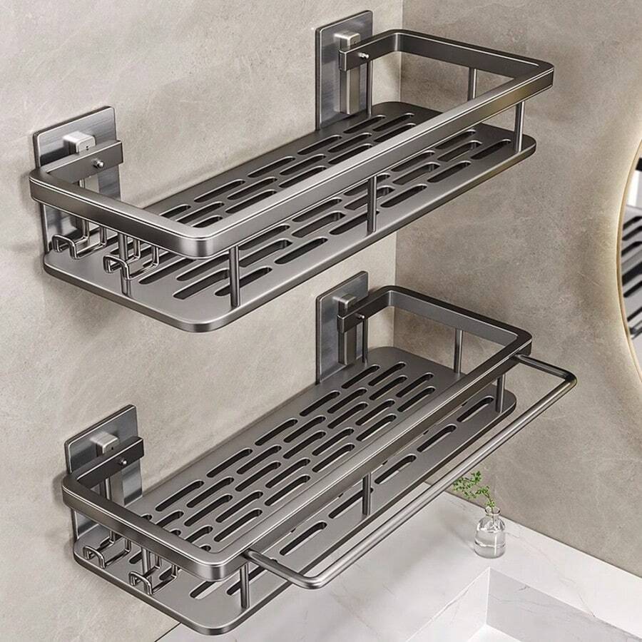 Wall Mounted Bathroom Storage Rack, Hole-Free Bathroom Shelf, Shower Caddy, Bathroom Decor & Accessories, Practical Storage Rack, Over Toilet Bathroom Organizer, Wall Mounted Bathroom Shelf With Towel Bar, Bedroom Decor Kitchen Corner Storage Rack, Dark Grey