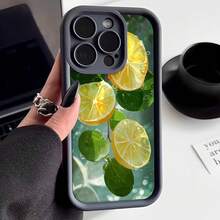 Cubierta de teléfono con borde negro diseño de limones y hojas verdes para iPhone 14 Pro Max funda protectora con estampado fresco ideal para uso diario y estilo moderno - Blanco - Ver 3