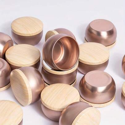 38 piezas/6 sets Tarros de vela de 2.5oz con tapa de grano de madera en color dorado rosa, tarros de vela mate en dorado rosa con pegatinas, mechas y soportes para mechas - Contenedores vacíos portátiles adecuados para el Día de San Valentín y todo tipo de ideas de regalo para hoy, además de almacenamiento para artículos pequeños