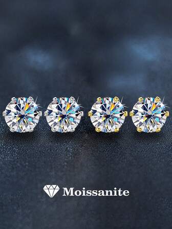 2pcs Classic 6-Prong 0.1ct-3ct Moissanite Stud Earrings, 925 Sterling Silver, Fashionable & Minimalist, Suitable For Women's Daily Wear, Wedding Bride, Anniversary, Valentine's Day Gift