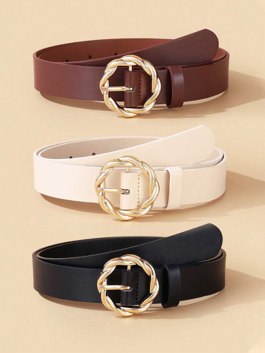 3pcs Braided Round Buckle Versatile PU Leather Belt For Women, Suitable For Everyday Wear - Multicolor - View 1