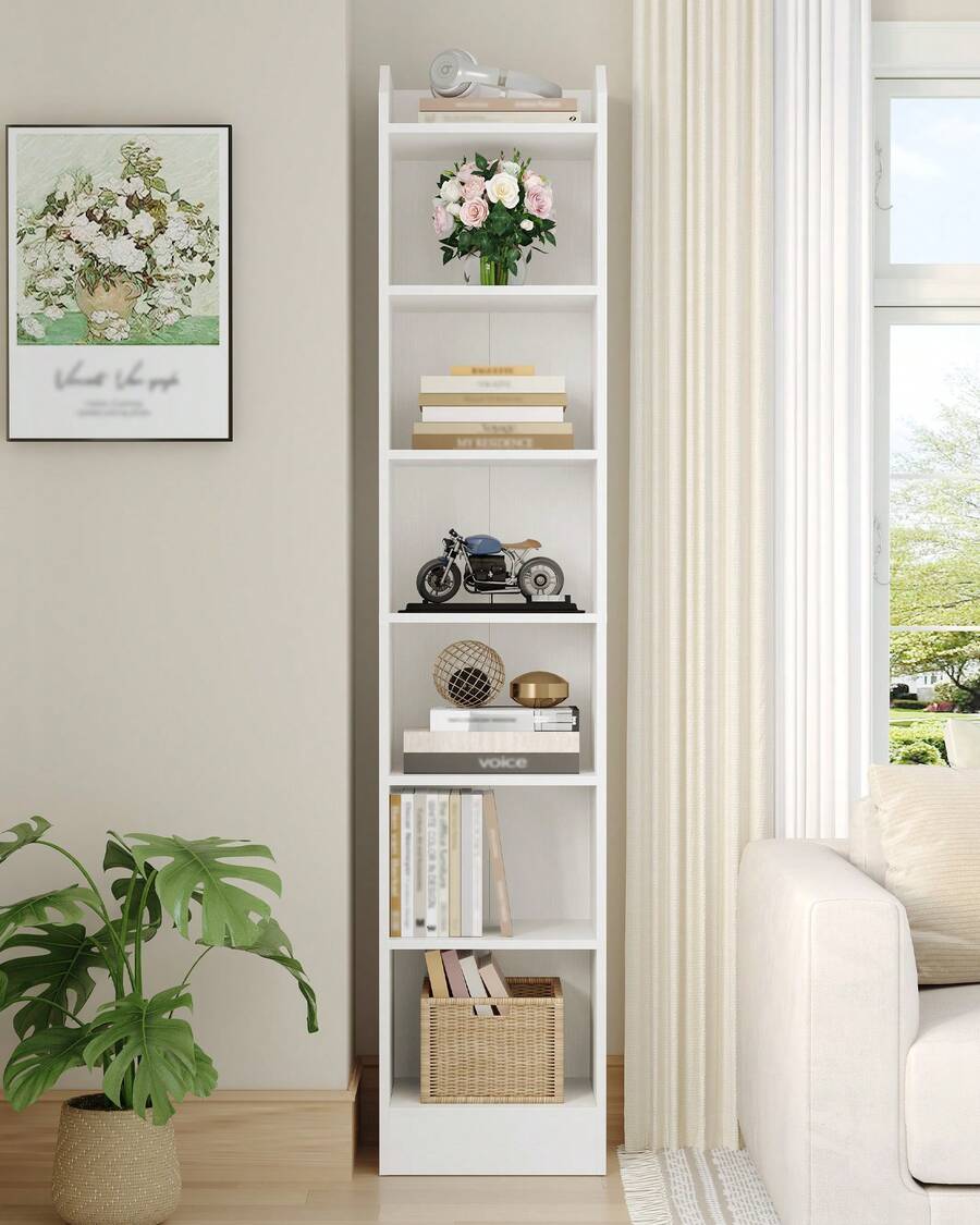 HEXCELEN Estantería de 7 niveles, independiente, para libros, objetos de colección, con paneles ajustables, ideal para salón u oficina. Medidas: 24 x 30 x 198 cm. Color: blanco. - Blanco - Ver 1