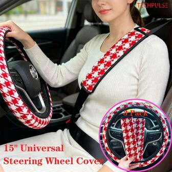 Fashion Houndstooth Linen Steering Wheel Cover & Seat Belt Pad 3 Pieces Set, Four Seasons Universal Car Interior Accessories