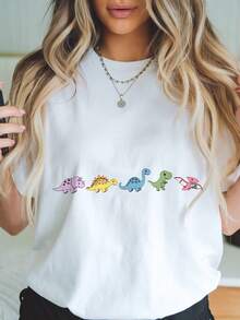 [Sporty T-Shirt]1pc Women's Cute Dinosaur Graphic Tee- Casual Round Neck Short Sleeve-Shirt, White With Colorful Dinosaur Pattern, Casual Attire And Giving, Dinosaur Party DecorationsRelaxed Plus Size T-Shirt - 白色 - 查看 6