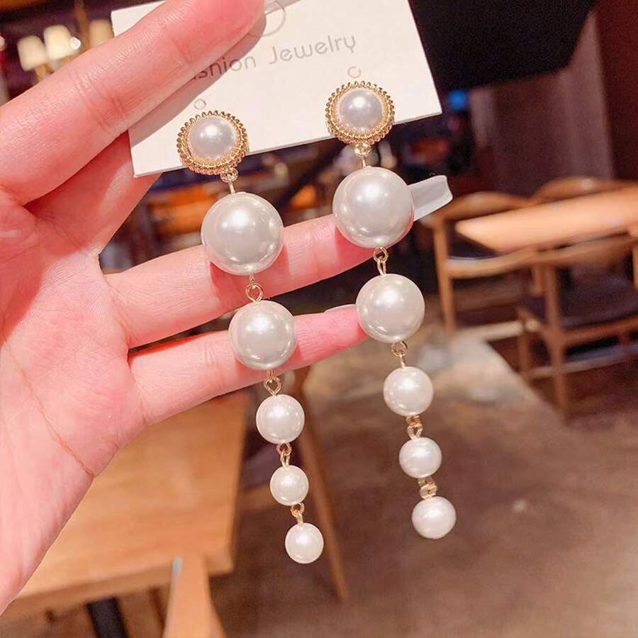 1 Pair Exaggerated Faux Pearl Long Dangle Earrings, Elegant Lady Style Fashion Unique Earrings, Chic Earrings - Multicolor - View 1